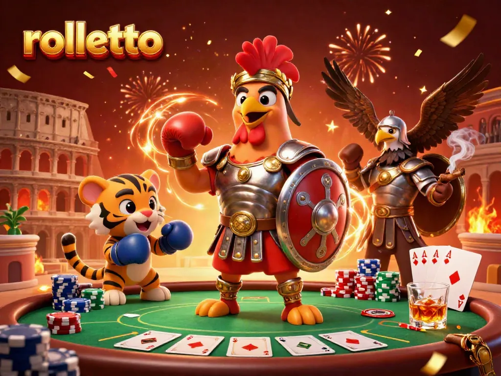 Engage in thrilling gameplay at rolletto with a vibrant casino arena illustration featuring dynamic characters and game elements.