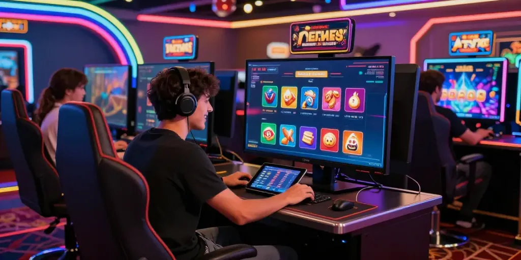 Engaging scene of a player enjoying non UK casinos with vibrant game graphics and a lively atmosphere.
