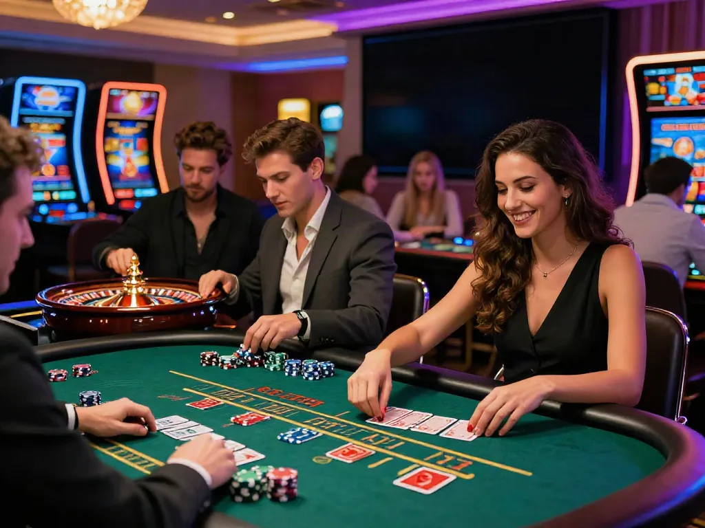 Engaging players enjoying various games in vibrant non UK casinos environment, showcasing excitement and diversity.