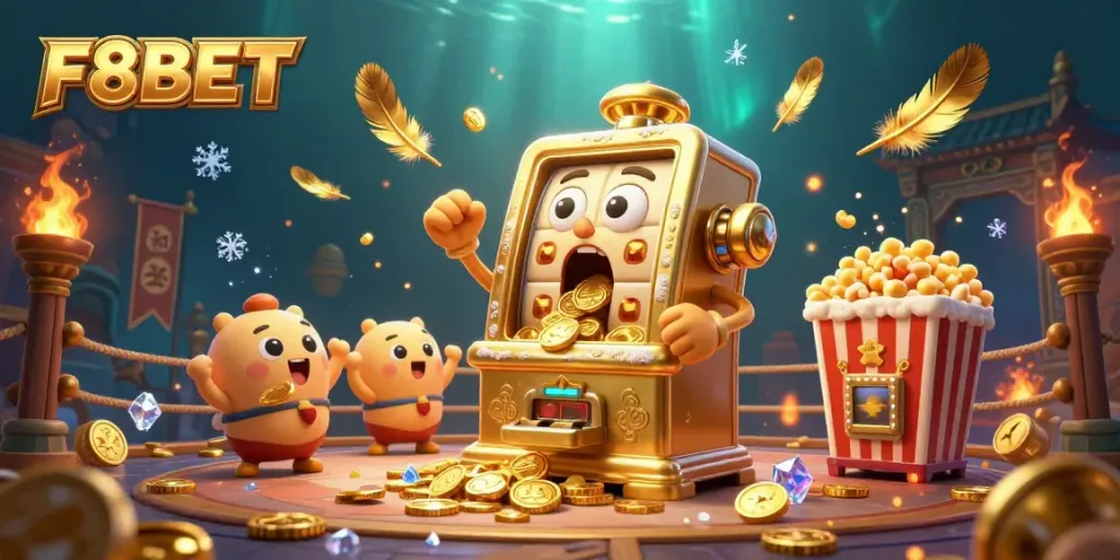 Experience F8BET's excitement as animated slot machines cheer with a jackpot showering coins.
