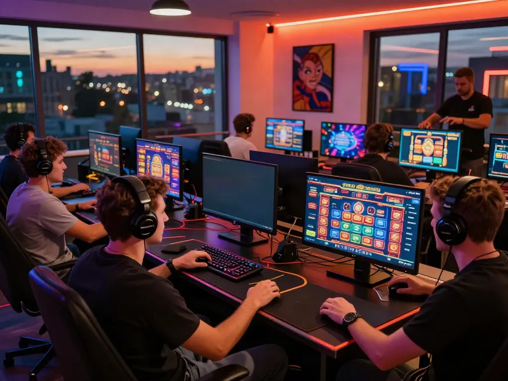 Engaging players exploring non UK casinos in a vibrant gaming environment with neon lights.