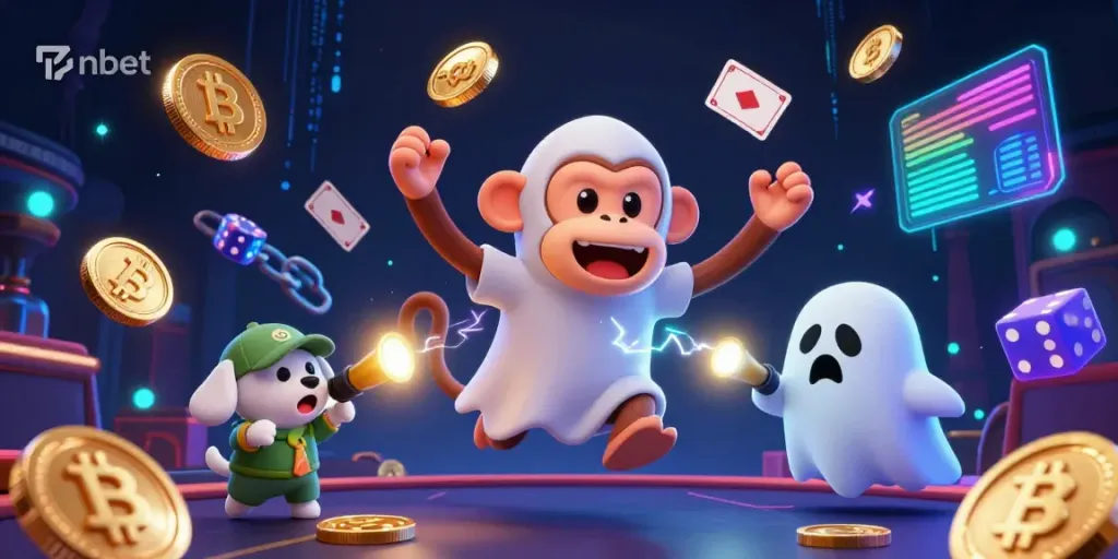 Experience thrilling gameplay at nbet with a vibrant scene of a mischievous monkey and a ghost-hunter puppy in a haunted casino.