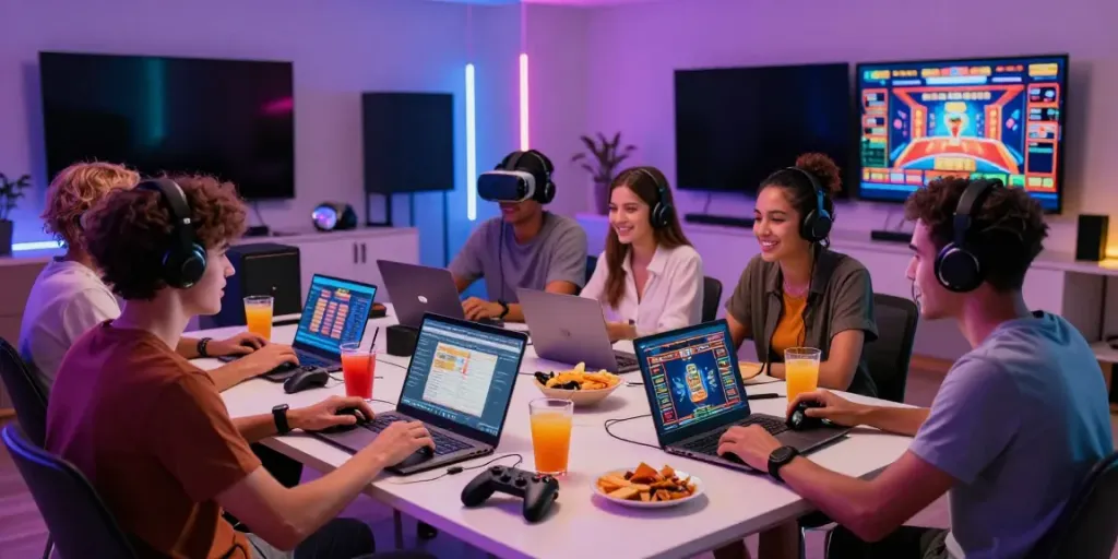 Group of friends enjoying non UK casinos around a gaming table.
