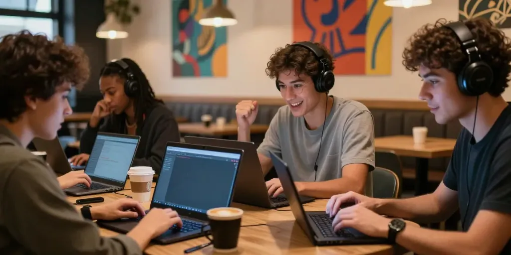 Players enjoying non UK casinos in a lively coffee shop setting, engaged in online gaming.