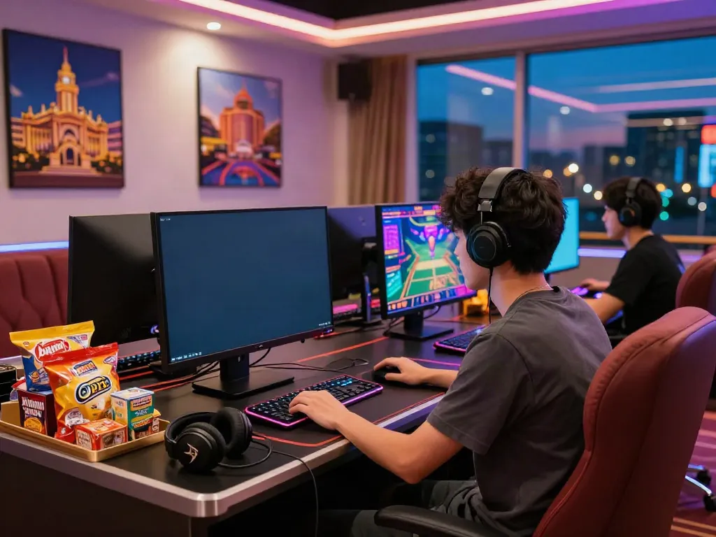 Engaged player at a non UK casinos setup enjoying vibrant online gaming experience.