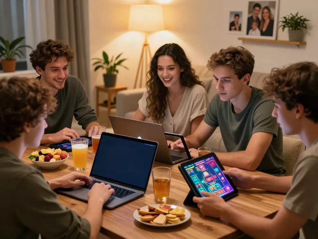 Friends enjoying online gaming at non UK casinos in a cozy living room