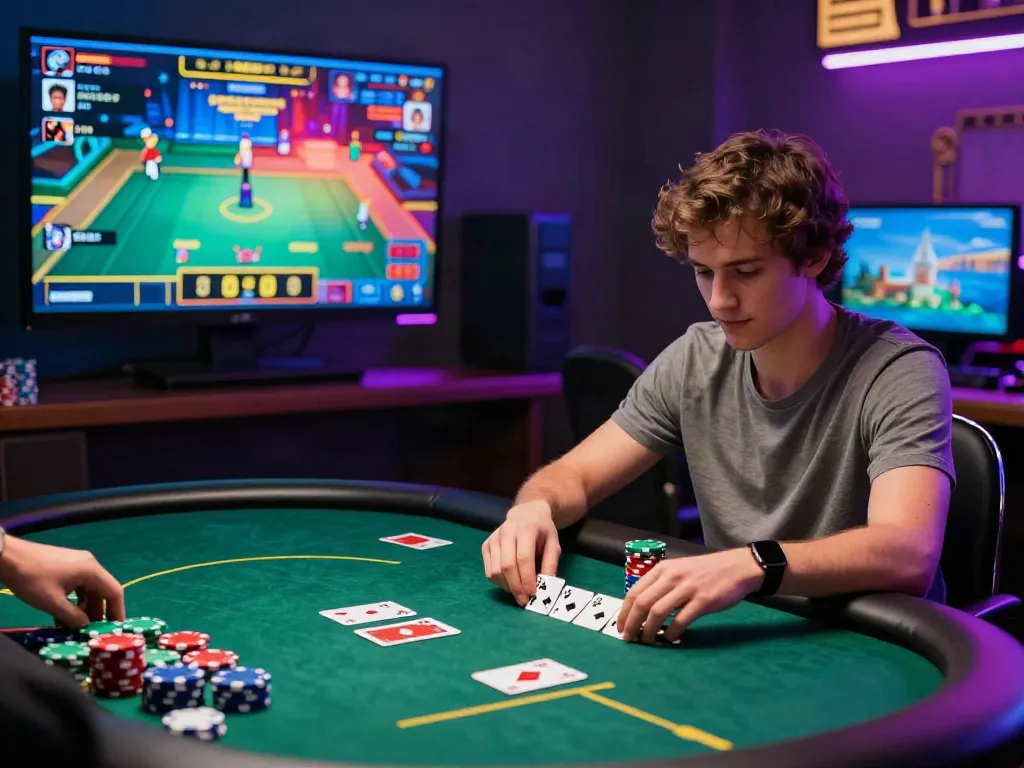 Player immersed in a virtual poker game at non-UK casinos, vibrant graphics, and chat interactions enhancing the experience.