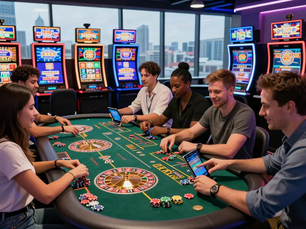 Friends enjoying gaming experience at non UK casinos with vibrant atmosphere.