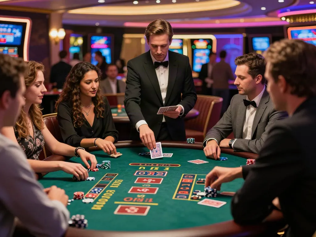 Engaging scene of players at vibrant non UK casinos enjoying classic games and a lively atmosphere.