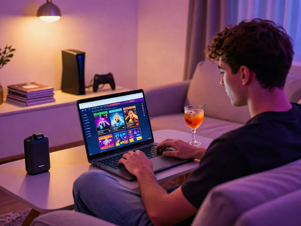 Engaging home scene featuring a man exploring non UK casinos online from his cozy living room with vibrant decor.
