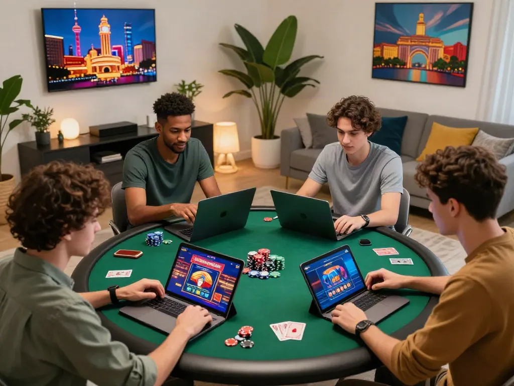 Friends enjoying engaging games at non UK casinos in a cozy and vibrant home setting.