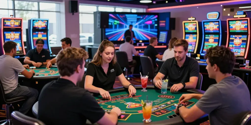 Exciting scene showcasing non UK casinos with diverse players engaged in various gaming activities.
