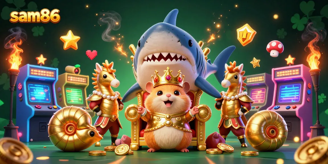 Engage in thrilling gameplay at sam86, amidst a vibrant scene of a hamster king and dynamic arcade elements.