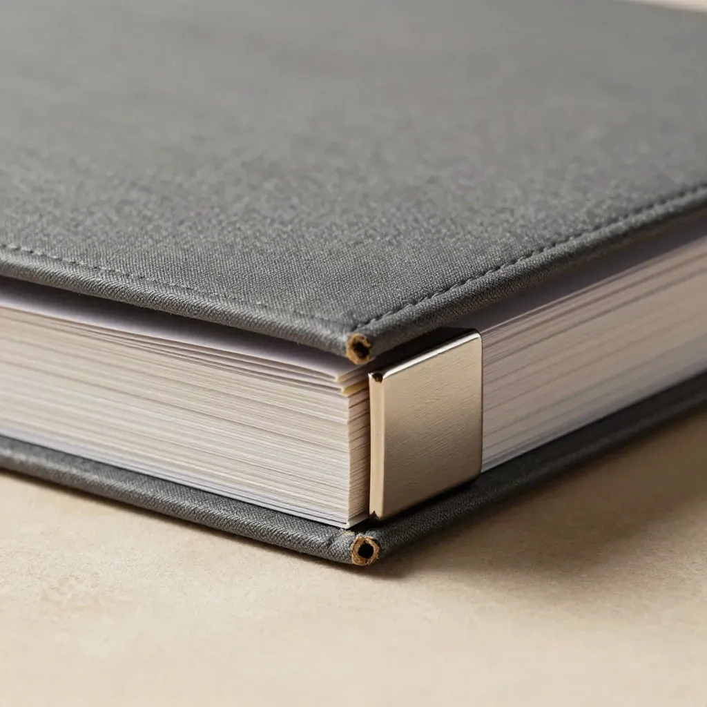 Macro of a charcoal diagnostic binder spine, pale divider edges and brushed steel on a beige field.