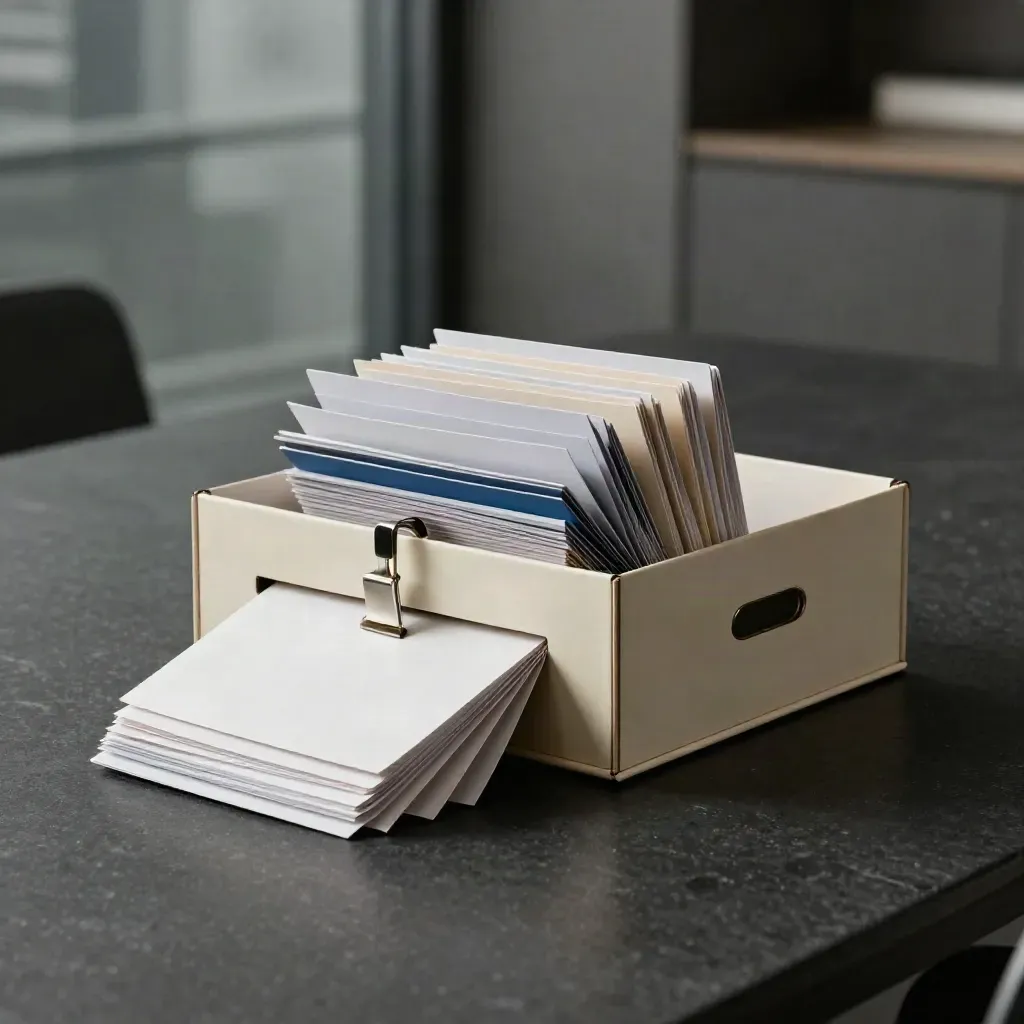 Ivory growth plan box and folios sliding open on a dark stone table in dramatic studio light.
