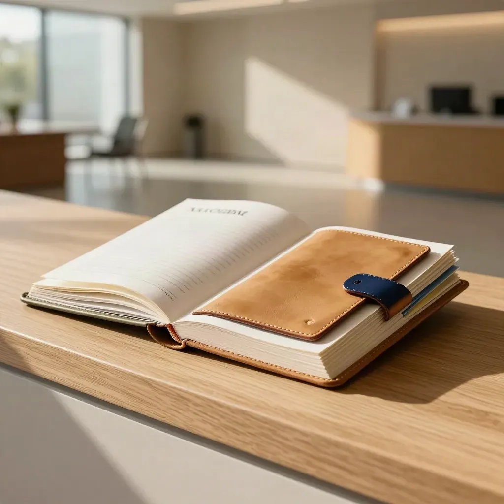 Open playbook case with tabs and leather swatch in a bright consultancy lounge