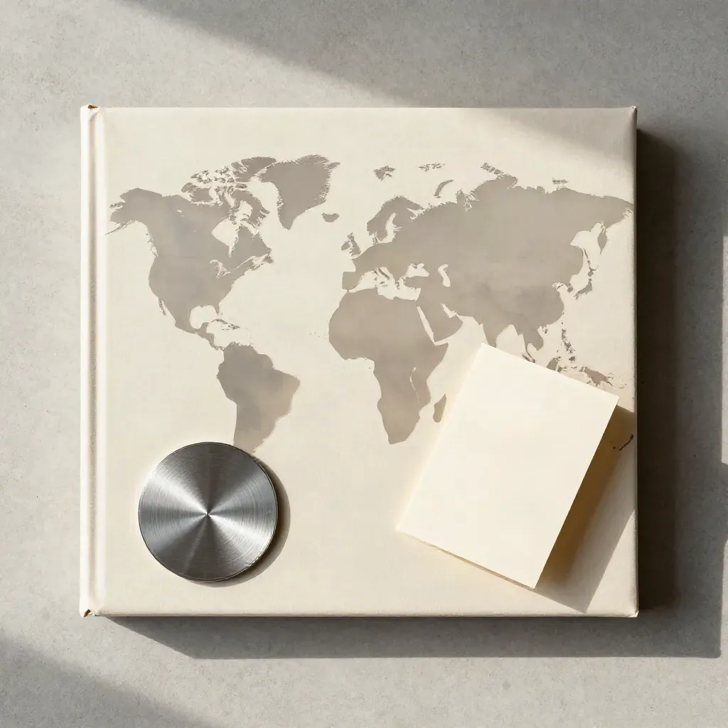 Overhead flatlay of an ivory map box, acetate overlays, silver disc and folded guide card.