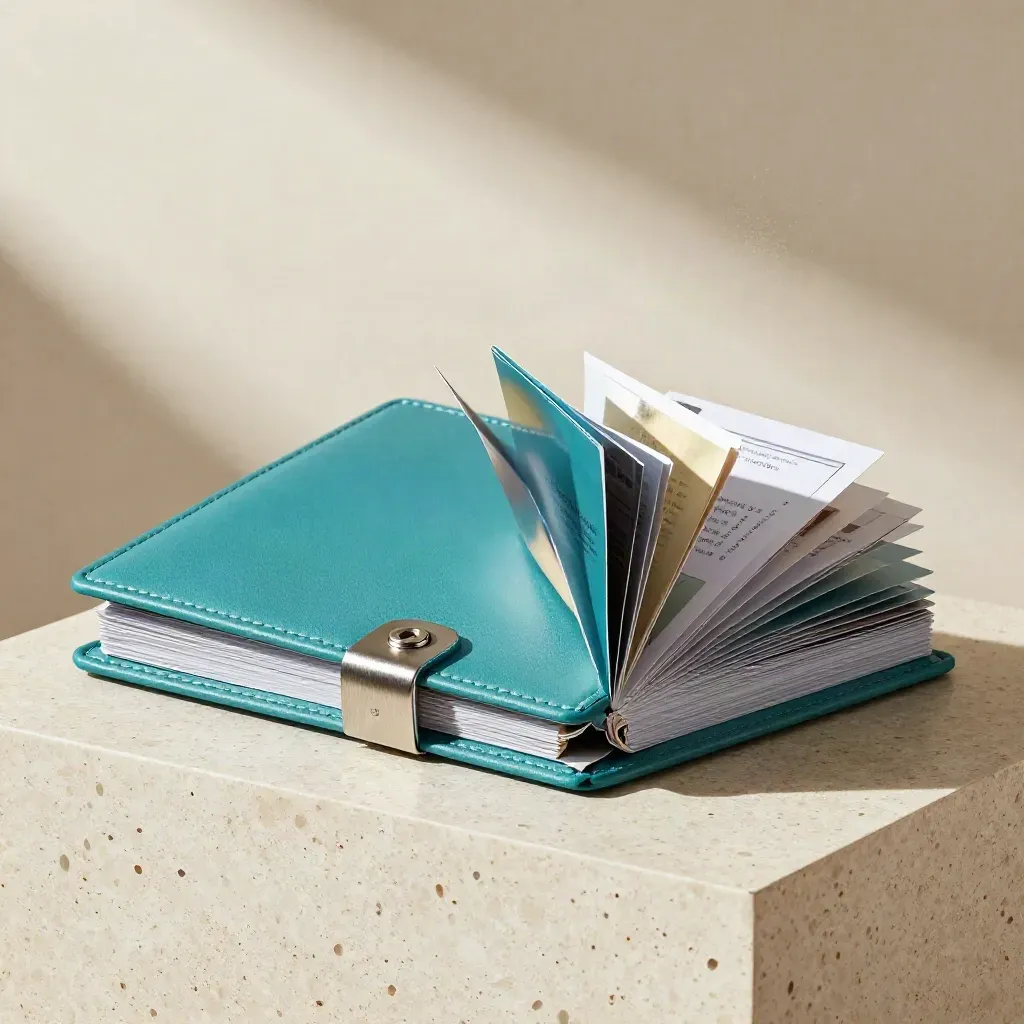 Teal strategy folios burst open on travertine with mirrored inserts and silver clasps.