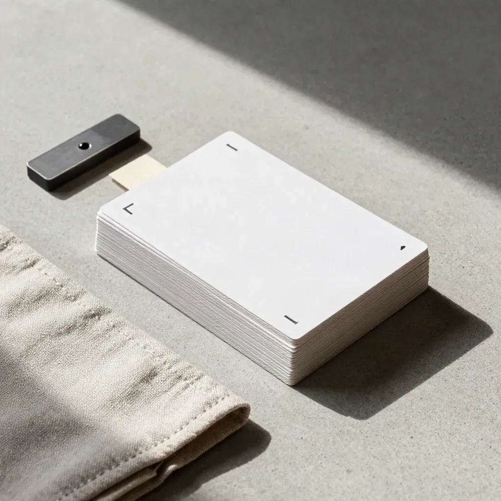 Overhead flatlay of linen-sleeved cards, note strip and slate marker on concrete.