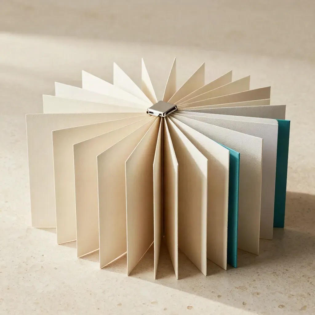 Premium deck box with eight fanned boards and a silver clasp on creamy stone.