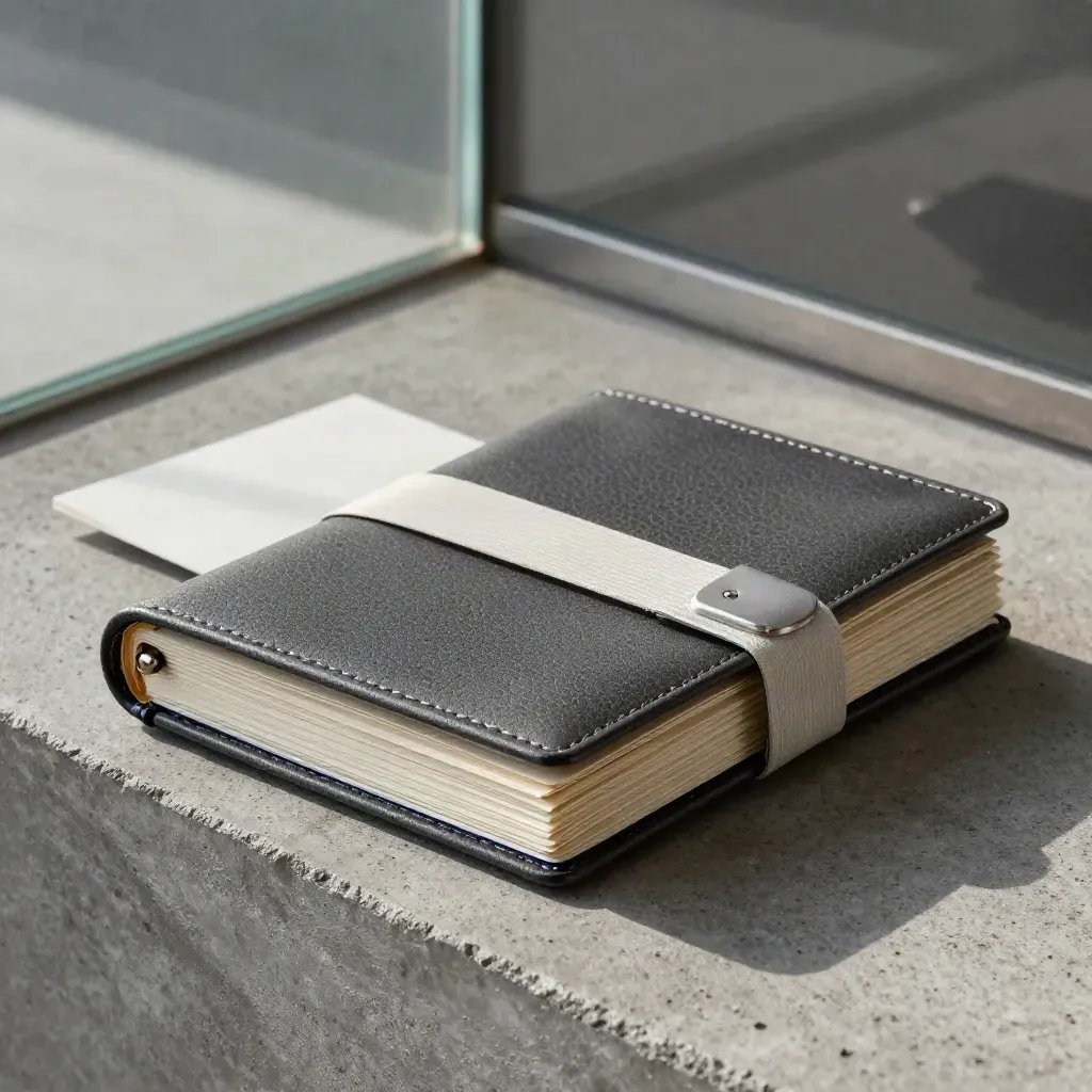 Macro tracker folio stack with elastic band, dividers and clips on cool concrete.