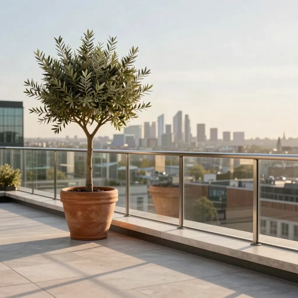 Golden-hour rooftop terrace with olive planter, stone coping, and blurred London skyline.