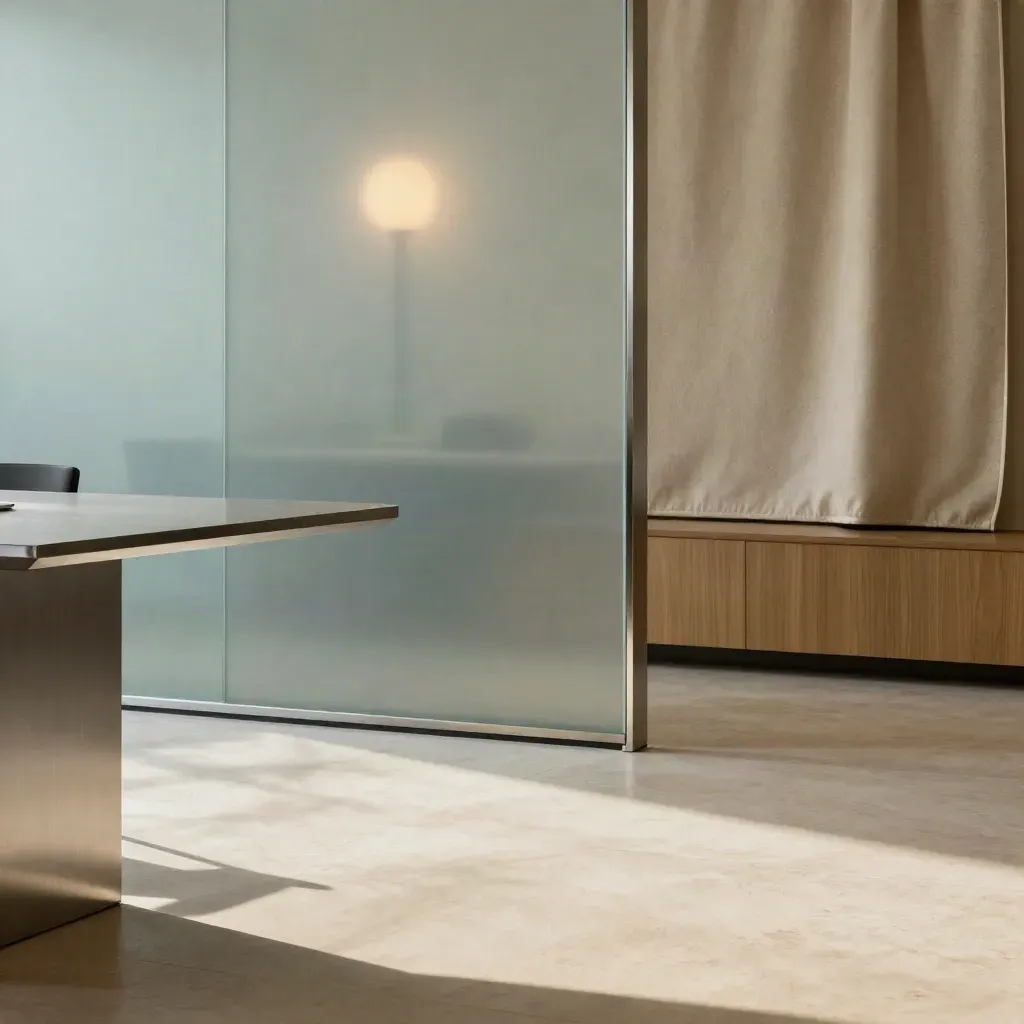Quiet boardroom corner with brushed steel, frosted glass, and soft teal reflections.