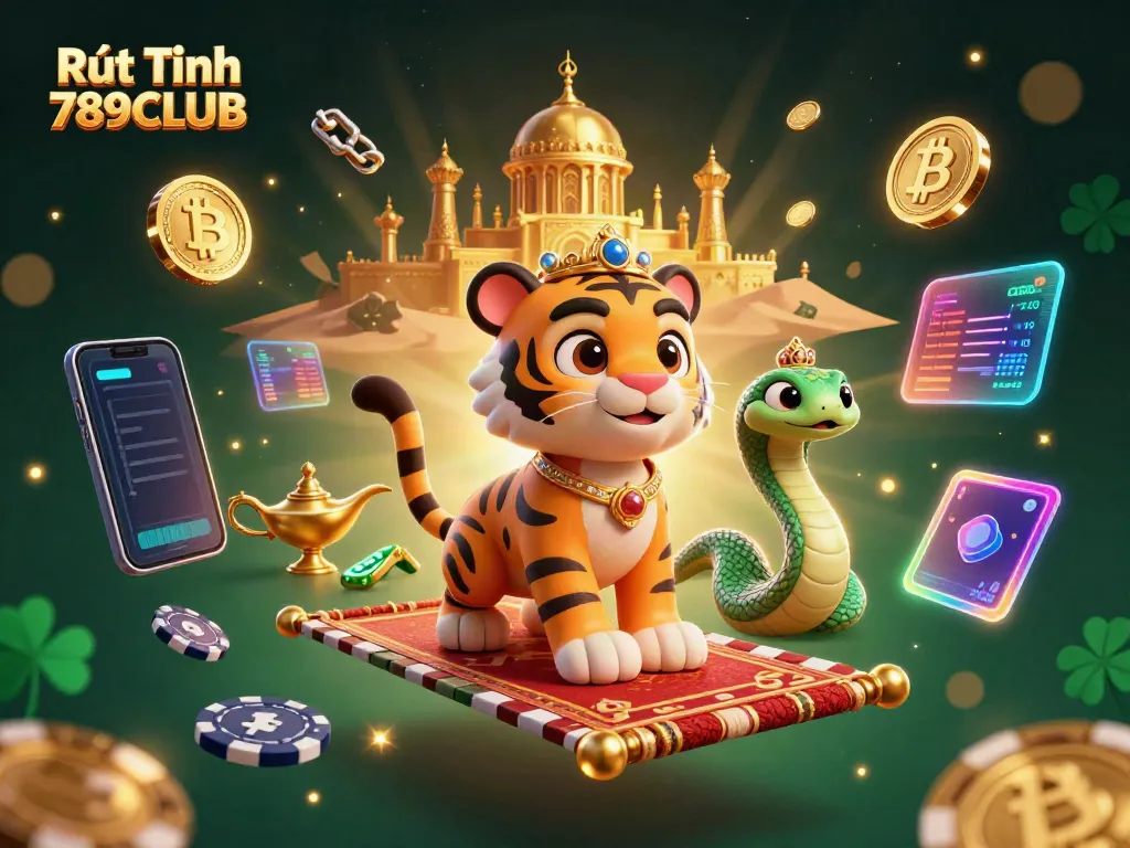 Experience Rút Tiền 789CLUB with magical Arabian characters and crypto elements in a vibrant casino scene.