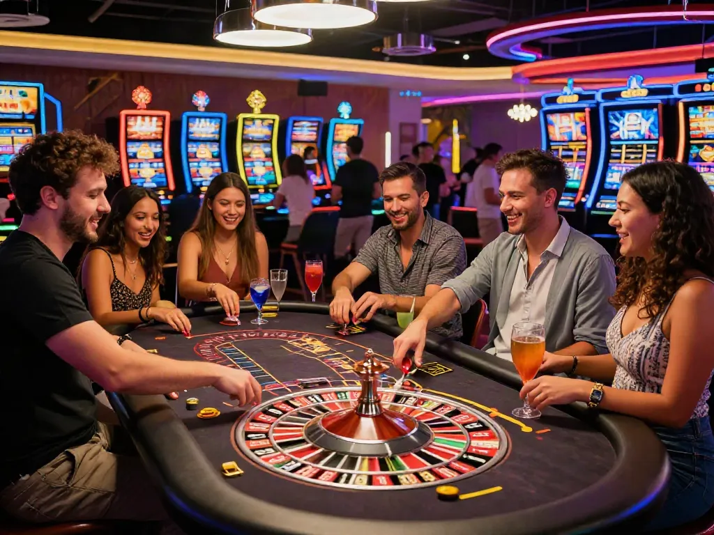 Group enjoying games at a vibrant non UK casino, highlighting excitement and energy.