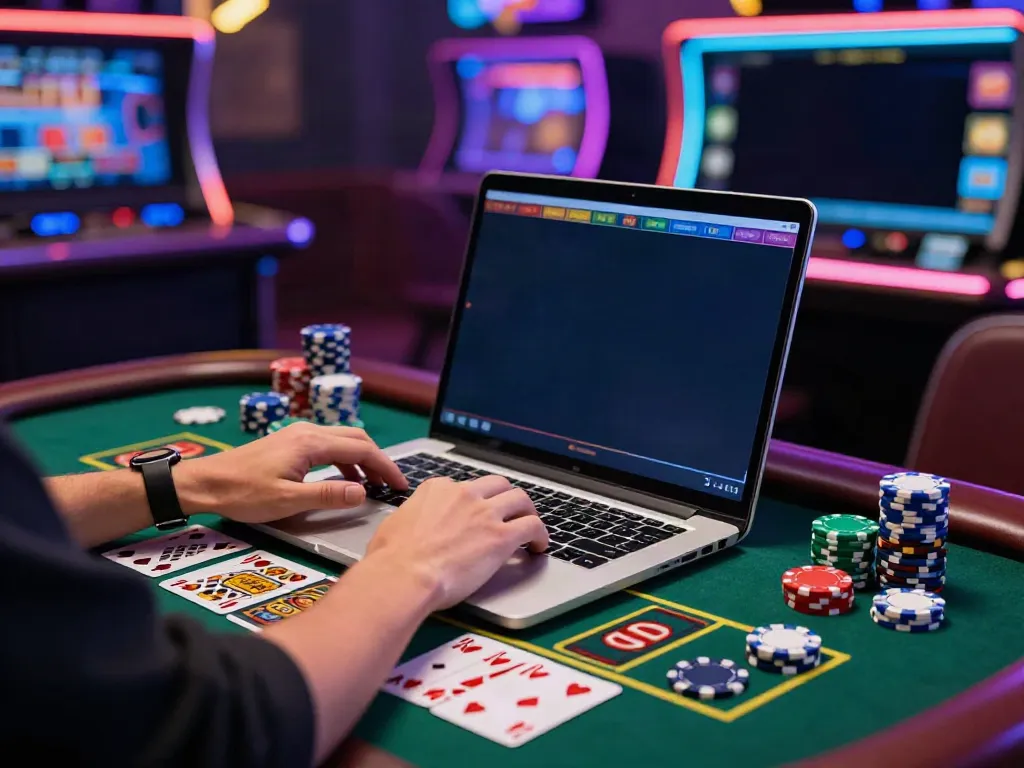 Casino player enjoying non UK casinos with chips and cards on display.