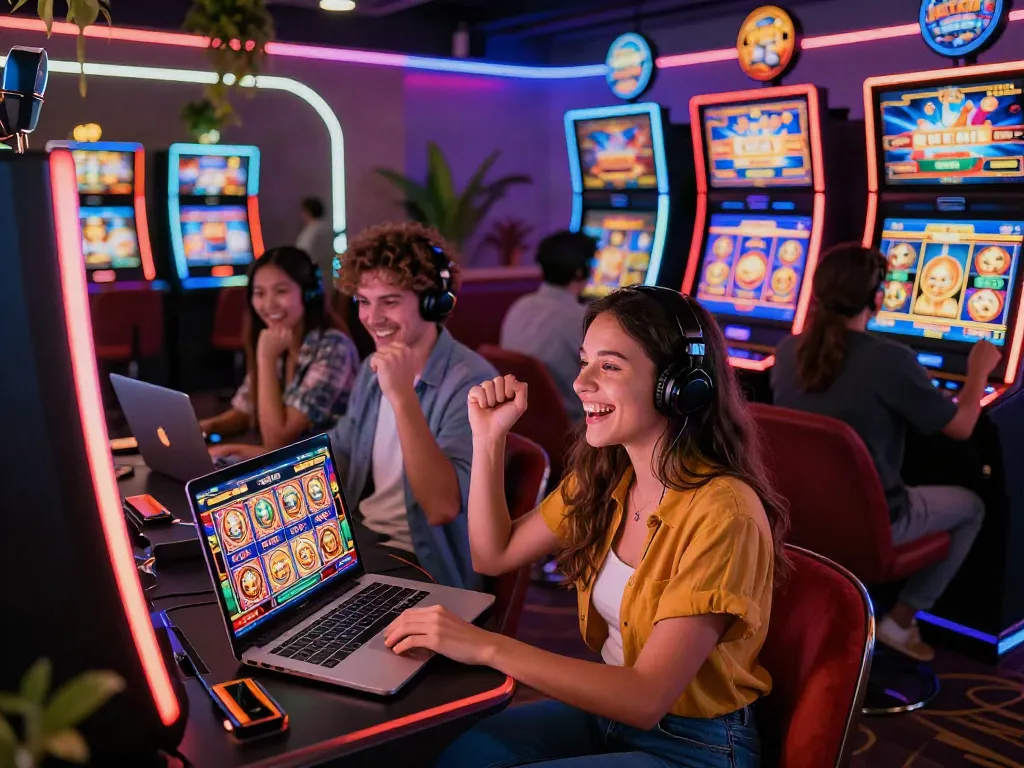 Exciting gameplay at non UK casinos with diverse players enjoying vibrant slot machines and casino atmosphere.