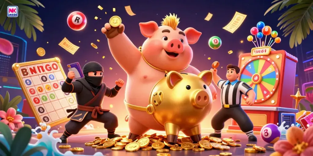 Experience the excitement of NK88 with a dynamic casino scene featuring a golden piggy bank, ninja, and referee.