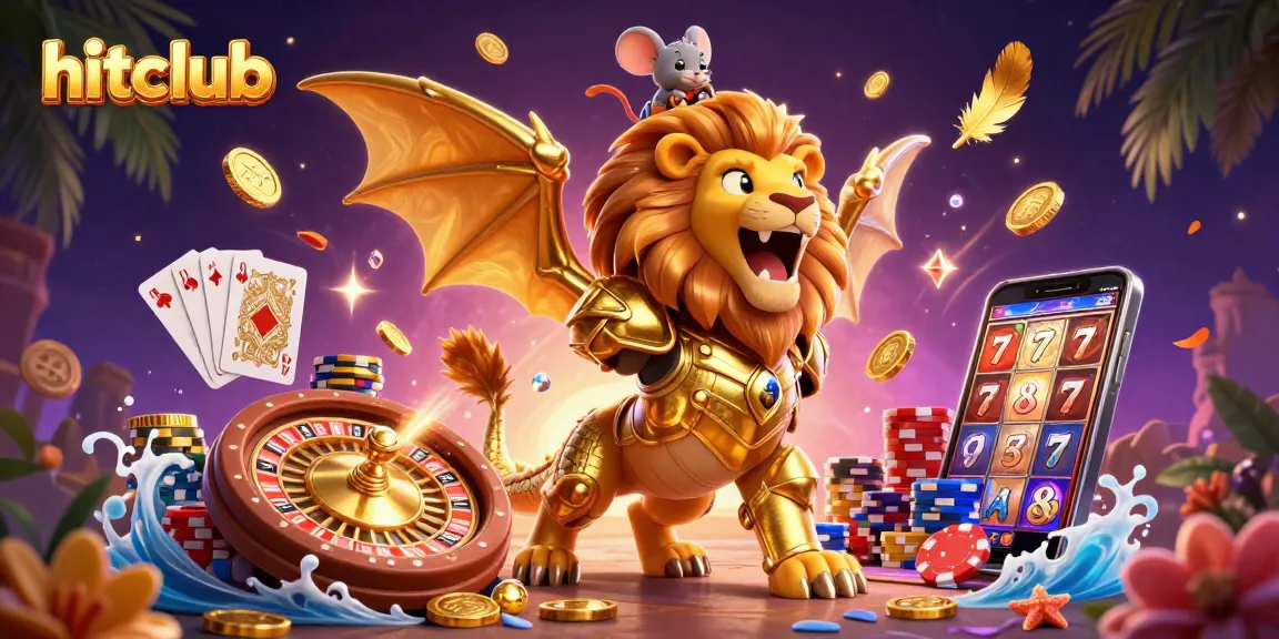 Hitclub gaming adventure with a chimera creature, gems, and coins in a vibrant casino scene.