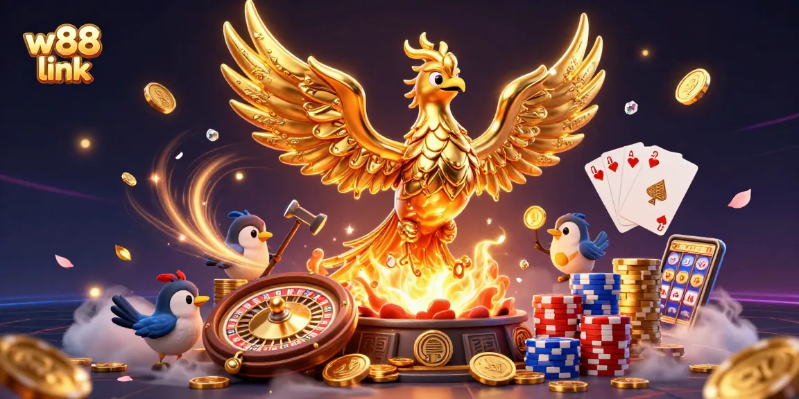 Engage with the thrilling w88 link experience featuring a golden phoenix emerging as coins fly in a dynamic casino scene.