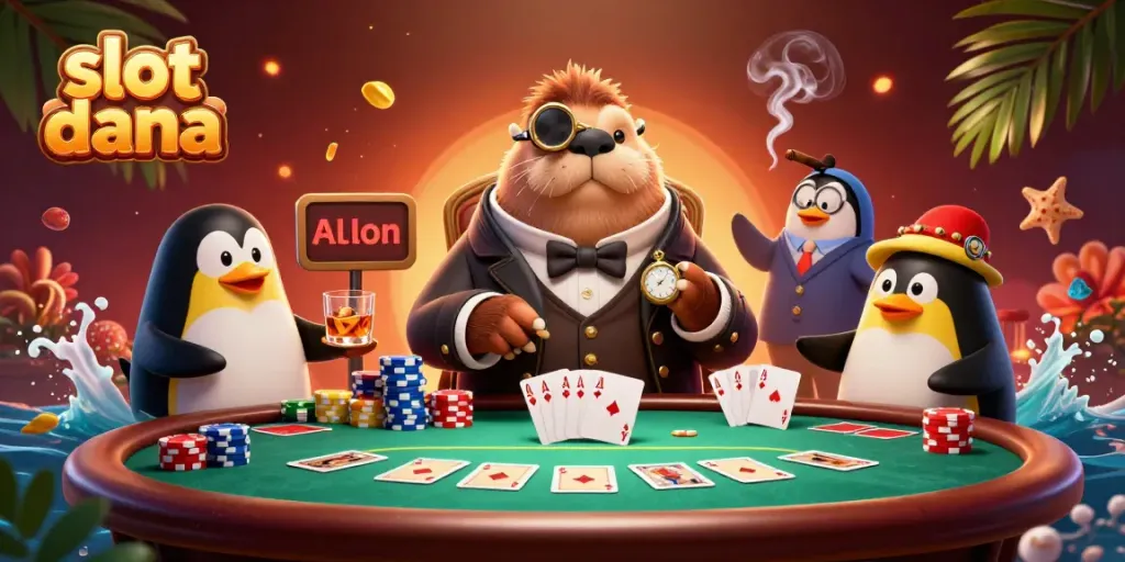 Engaging scene of a walrus at a poker table in a vibrant underwater casino for slot dana enthusiasts.