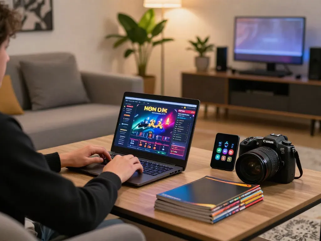 Person enjoying non UK casinos at home with laptop and gaming accessories.