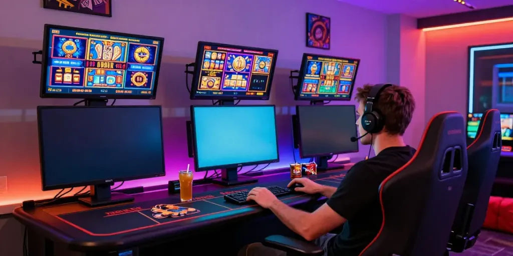 Engaged player enjoying thrilling games at non UK casinos with LED setup, gaming monitors, and energetic atmosphere.