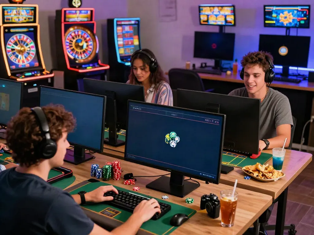 Players enjoying games at non UK casinos in a vibrant home office setting.