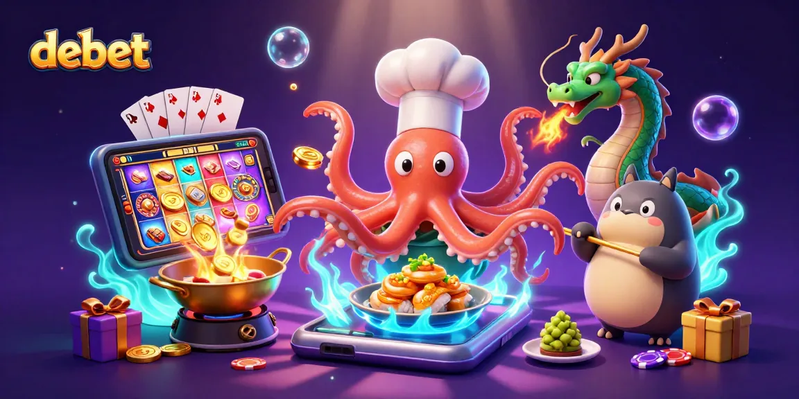 Engage in thrilling slot games with debet as octopus chef, dragon companion, and tanuki customer prepare vibrant dishes.