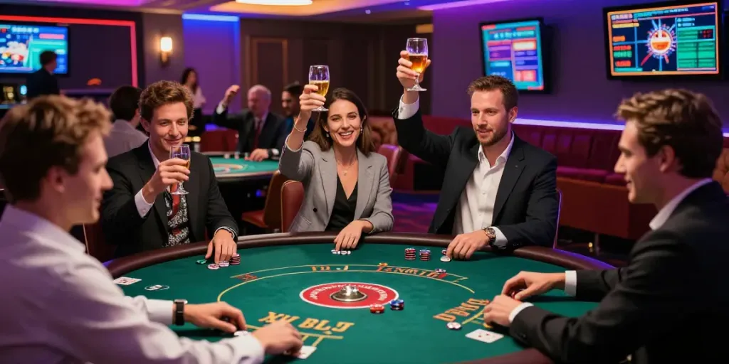 Engaging non UK casinos atmosphere with lively players and colorful gaming tables.