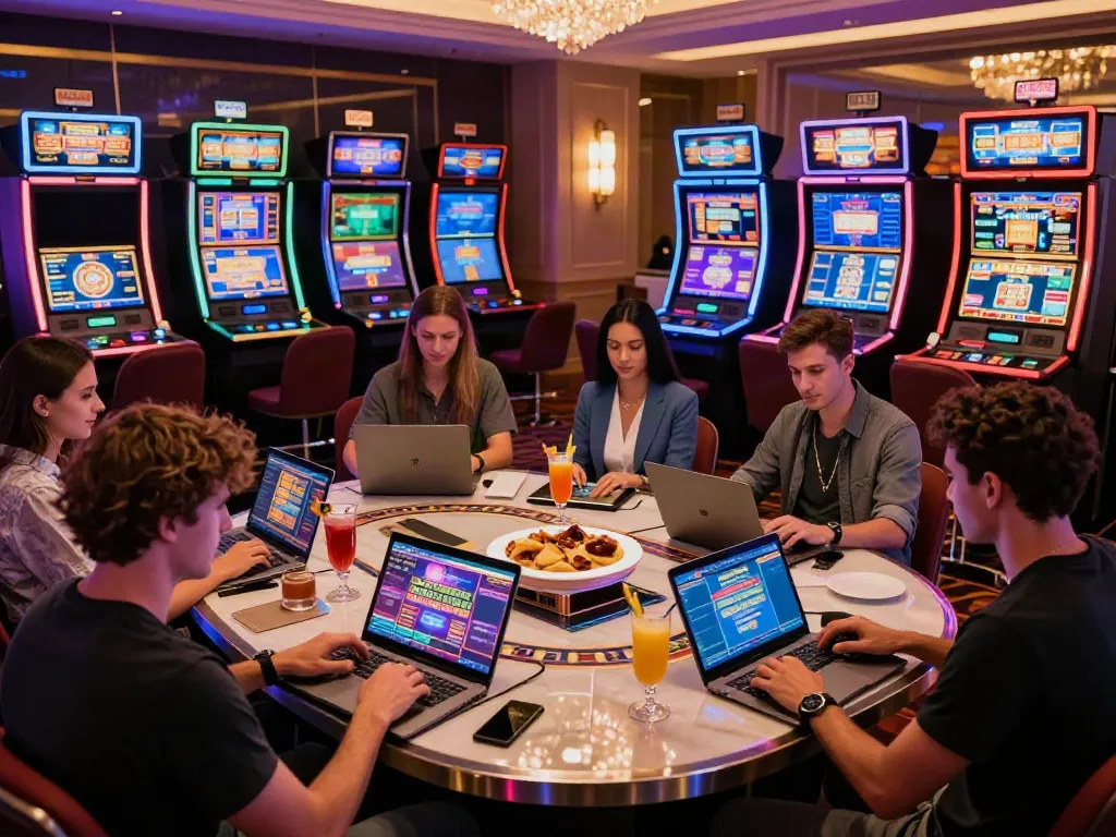 Engaged players enjoying non UK casinos experience with colorful gaming screens and vibrant ambiance.