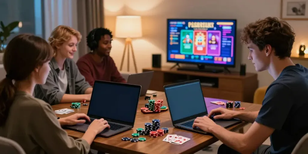 Group enjoying online games at home, focusing on non UK casinos.
