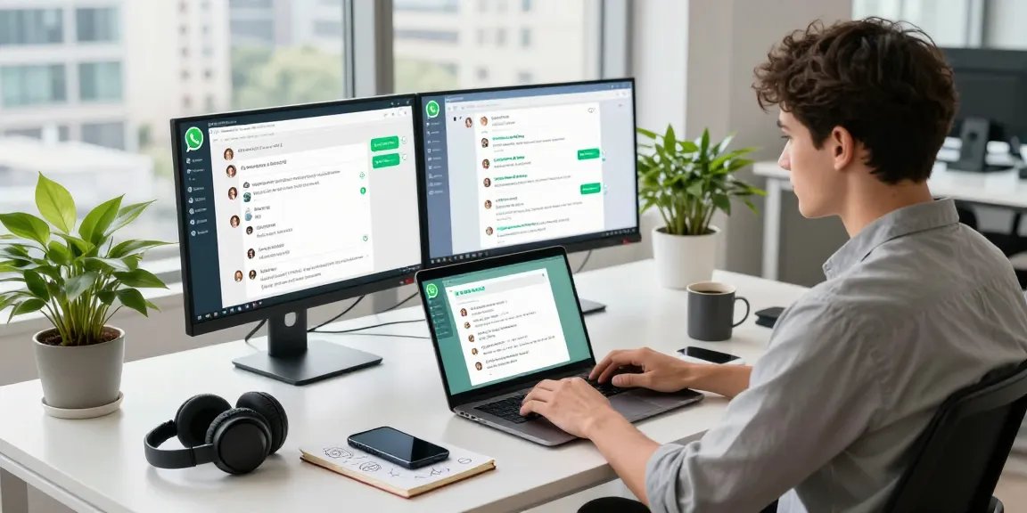 Dynamic workspace showcasing WhatsApp電腦版 usage on dual monitors with urban view.