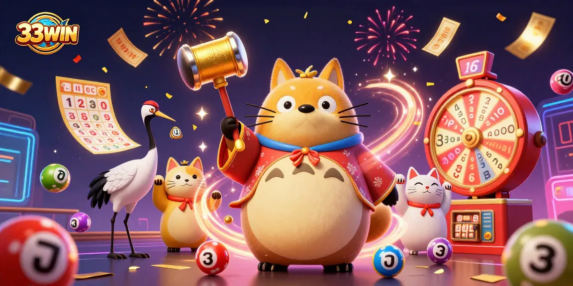 Join the excitement at 33WIN, where colorful lottery elements and cheerful characters celebrate winning!