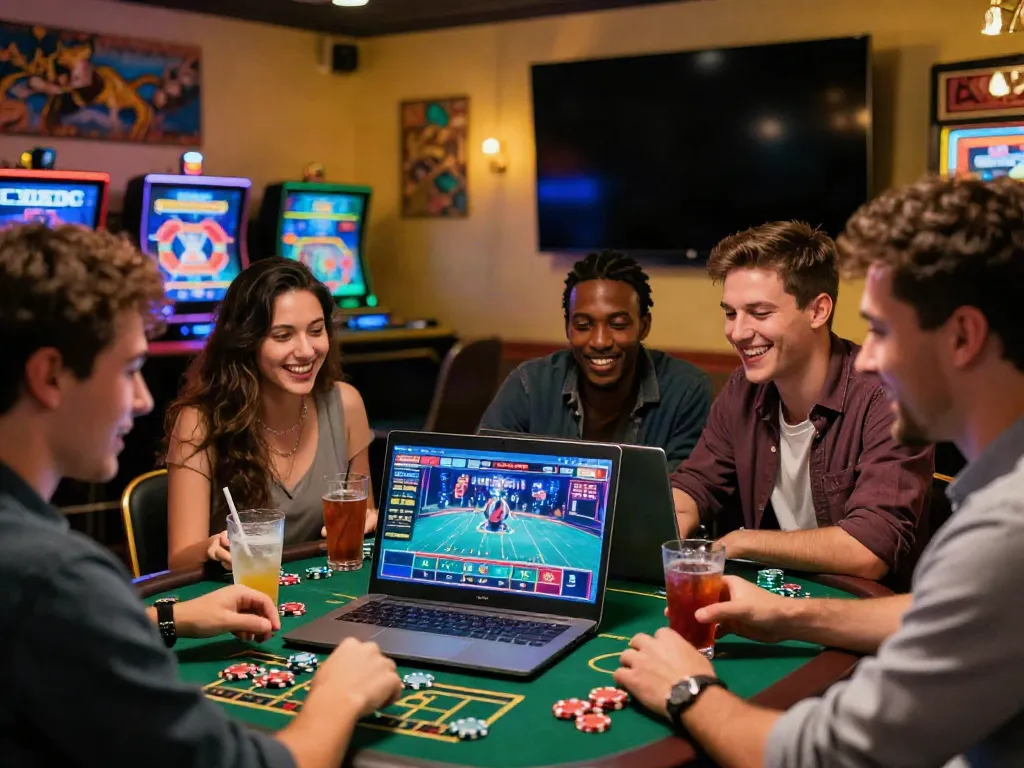 Friends enjoying non UK casinos online with vibrant gaming atmosphere.