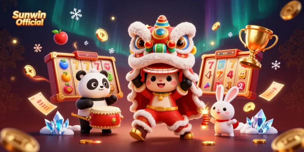 Experience the excitement at Sunwin Official with a vibrant, dynamic online casino scene featuring a festive lion dance.
