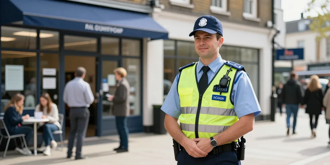 Security guard ensuring safety at a local business in London.