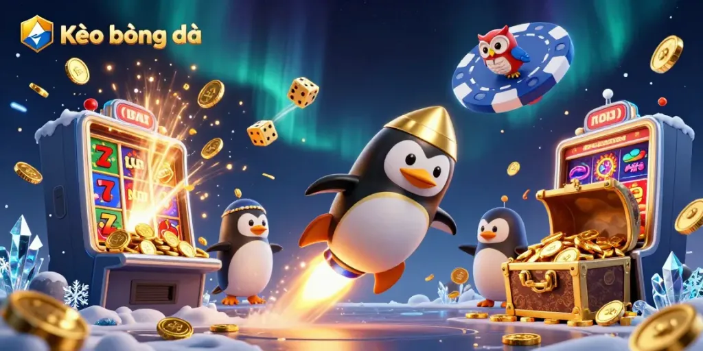 Kèo bóng đá rocket penguin racing through a cosmic gambling scene with slot machines and gold coins