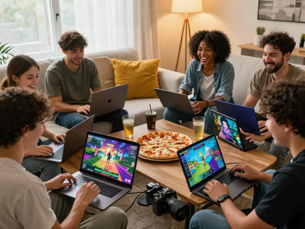 Exciting scene of players enjoying non UK casinos on laptops and tablets in a cozy living room.