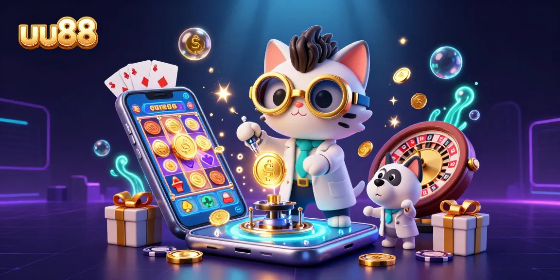Experience thrilling gambling at uu88 with a cartoon mad scientist cat and dog amid exciting casino elements.